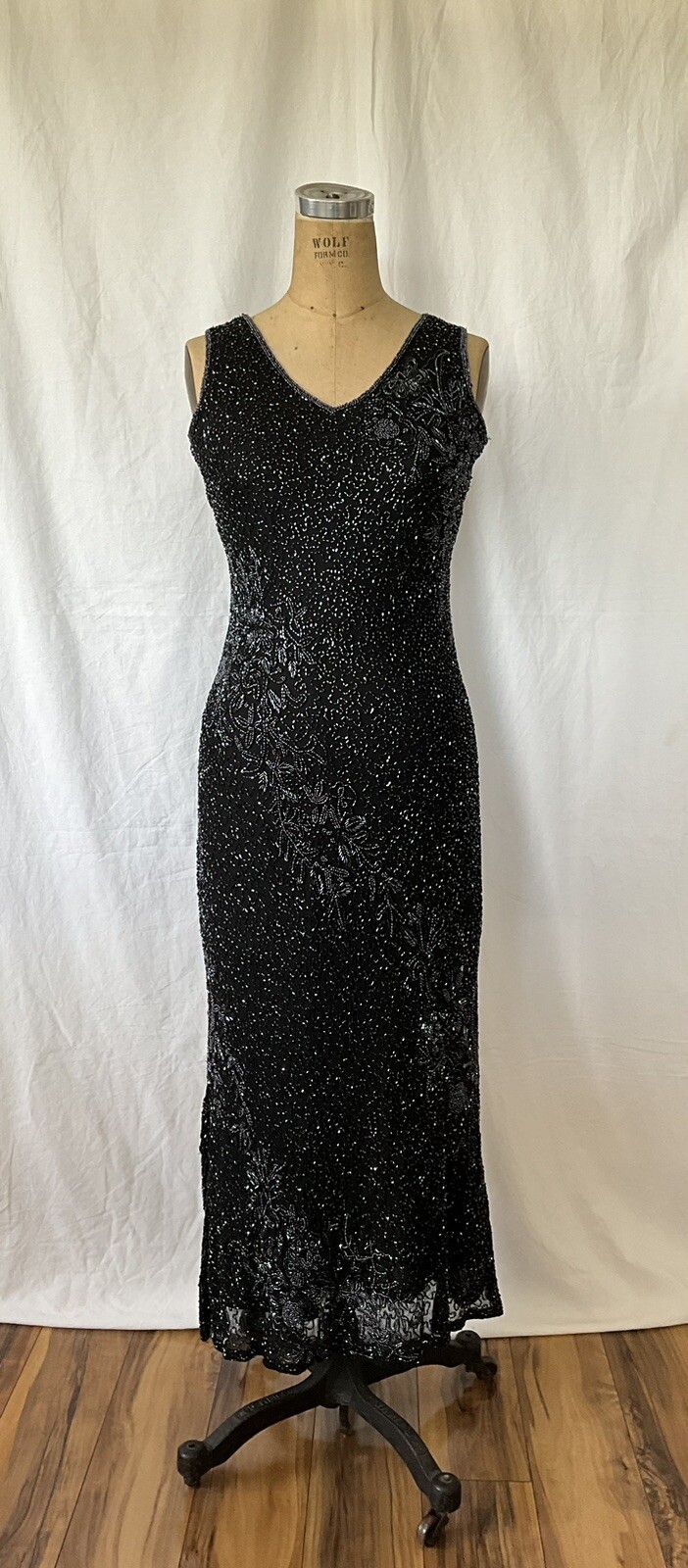 Vintage Black Beaded Silk Slip Long Dress Size XS Missing Label Mint Condition