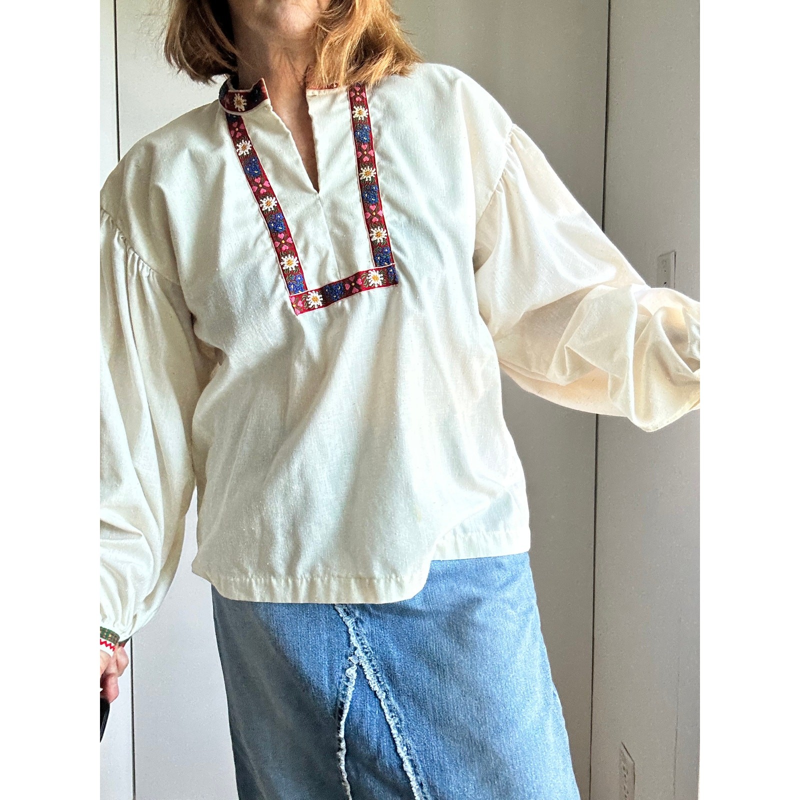 Vintage 70s Boho Peasant Blouse L XL Handmade Cotton Embroidered Folk Top