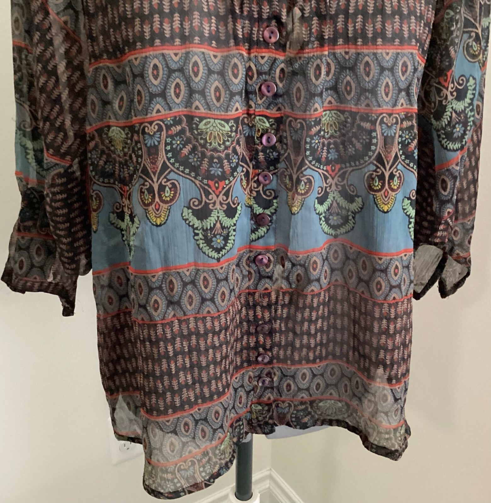 VTG Passport Pier 1 black teal pattern scoop v neck button sheer BOHO 3/4 sleeve