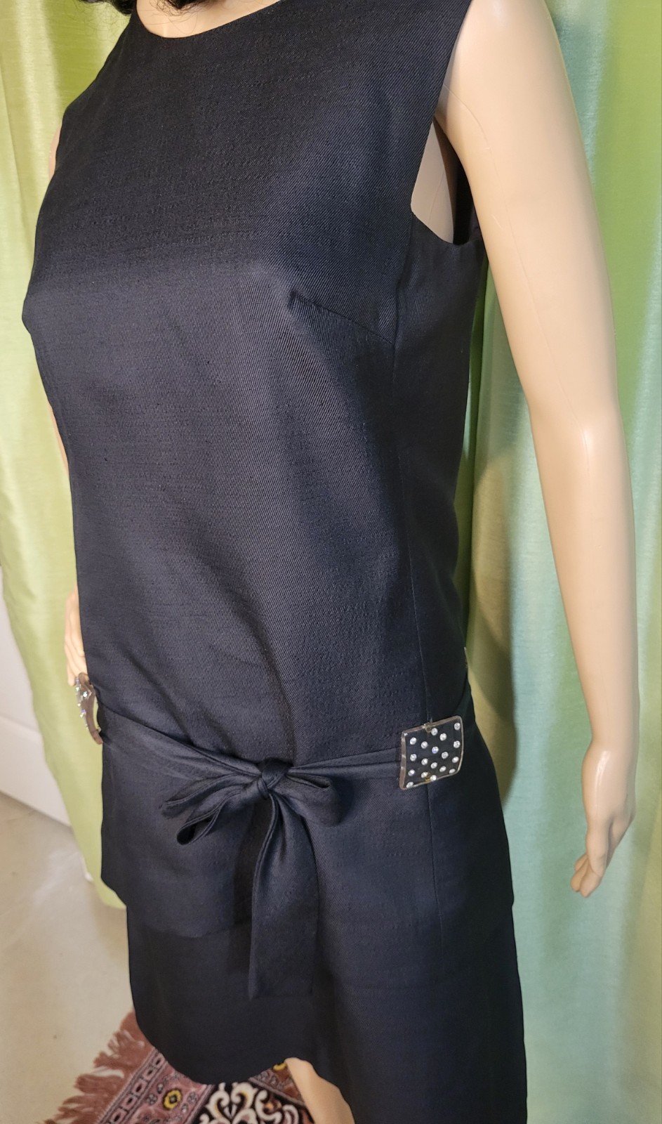 vtg 60’s Mod black drop waist dress belted celluloid/rhinestone belt loops S/M
