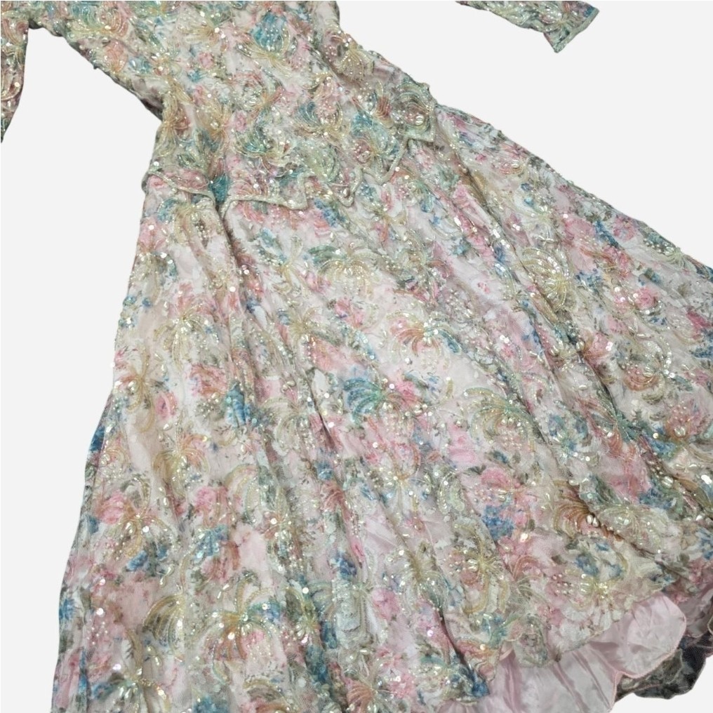 Judith Ann Creations Inc. Beaded Vintage Dress M Pink Blue Green Gold