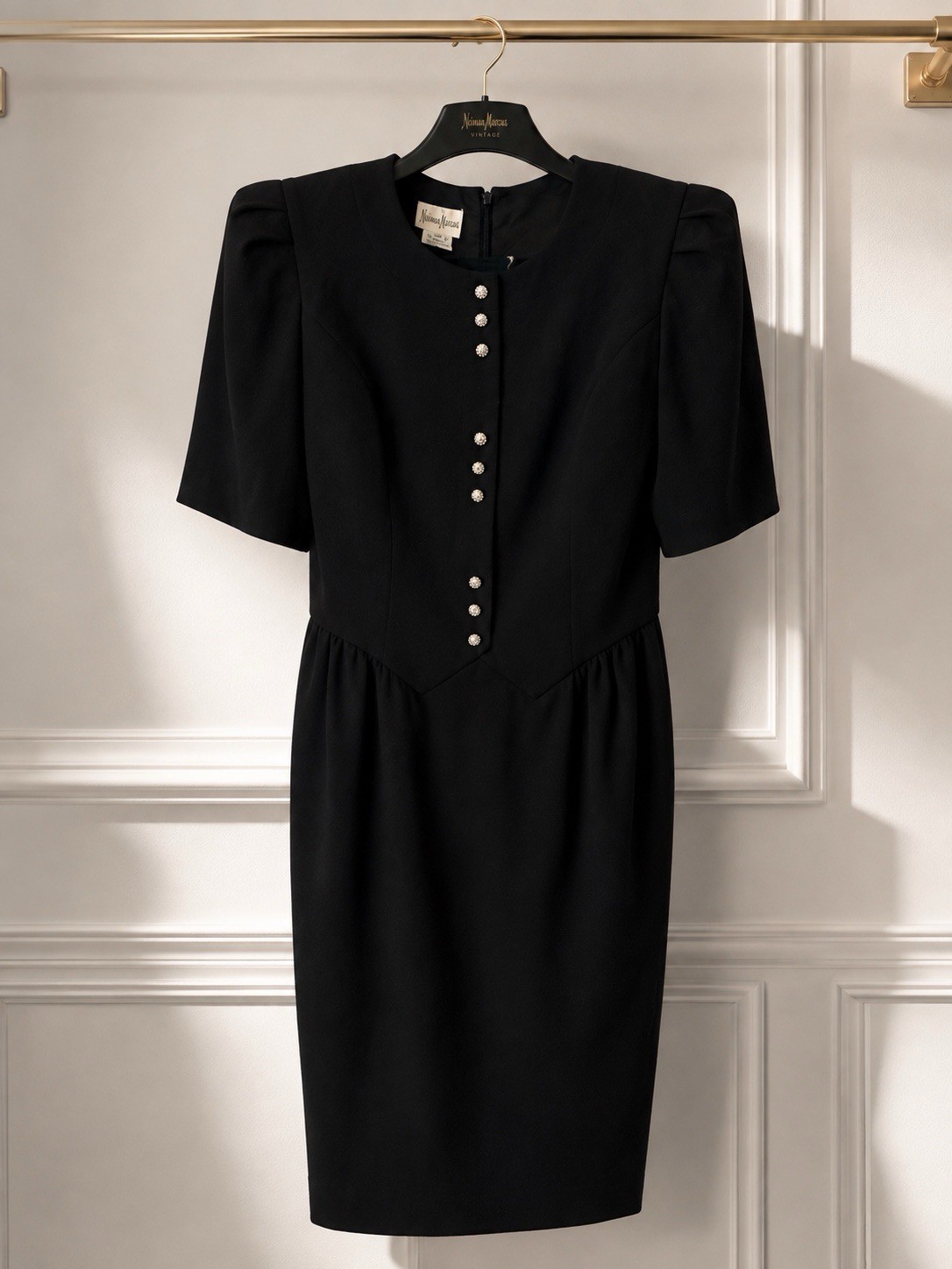 Vintage Neiman Marcus Black Dress Rhinestone Puff Sleeve quiet luxury Dallas