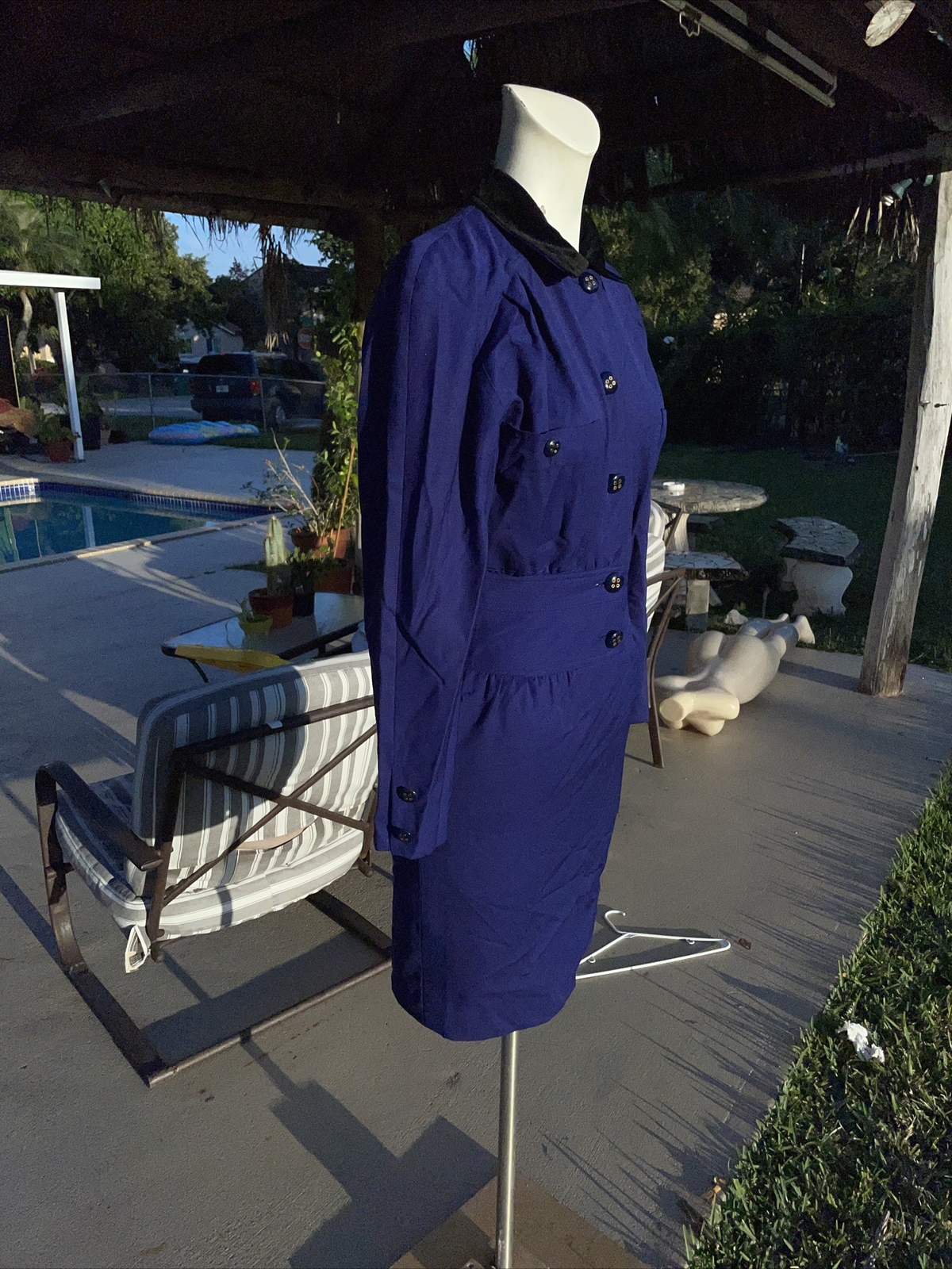 VINTAGE MISS V VALENTINO BLUE BLACK VELVET COLLAR BUTTON FRONT DRESS Sz 38