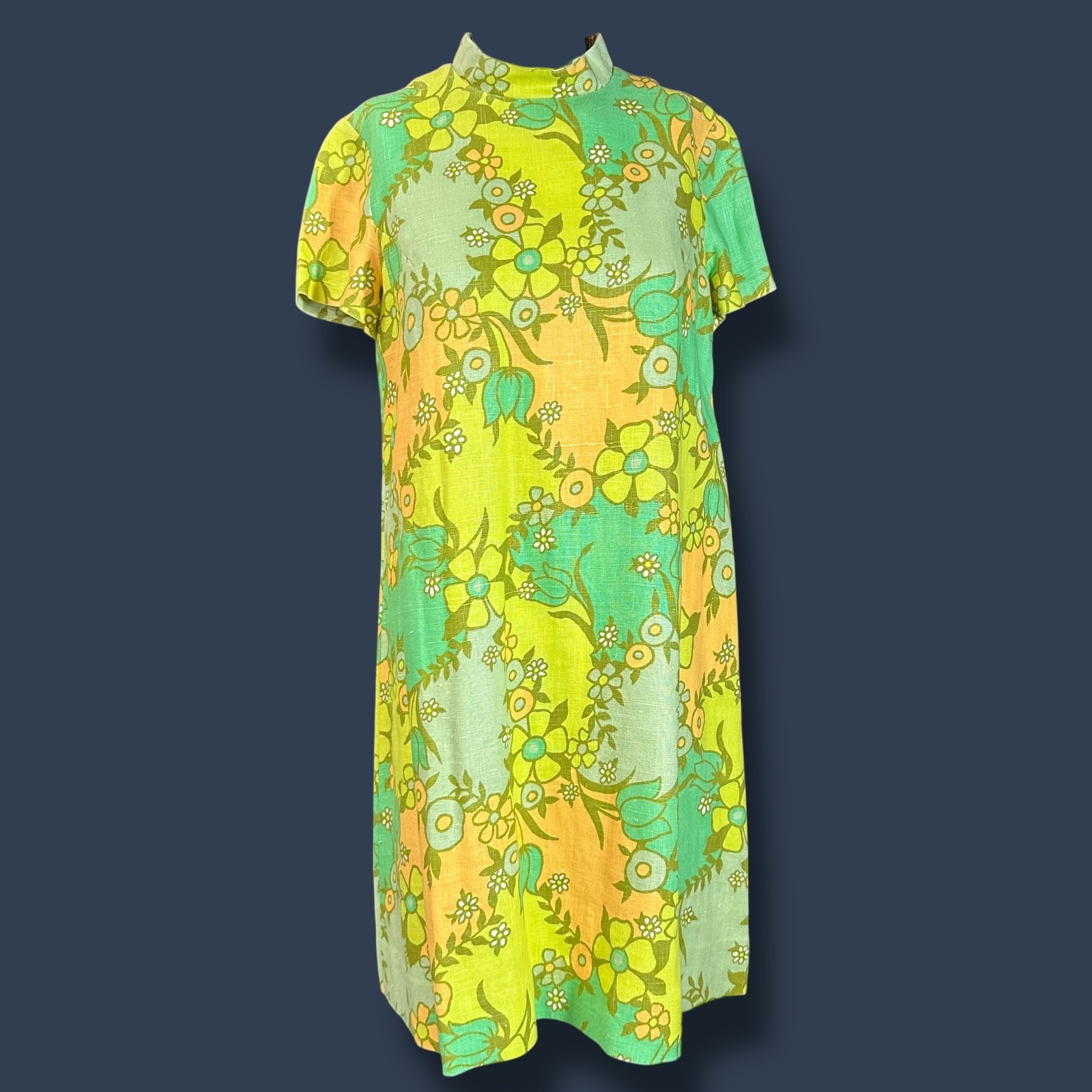 Vintage 60s Womens Sheath Dress S/M Neon Flower Power Short Sleeve Mod Hippie