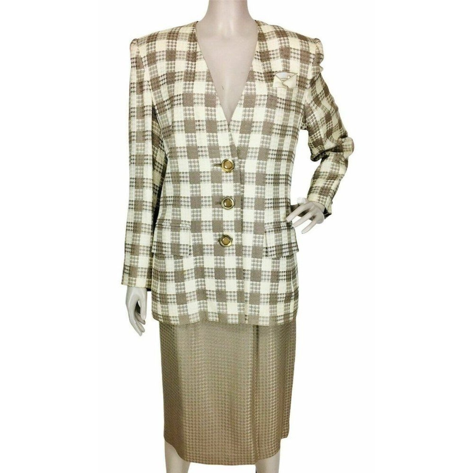 Vintage 80’s High Shoulder Tweed Houndstooth Blazer & Pencil Skirt Business Suit