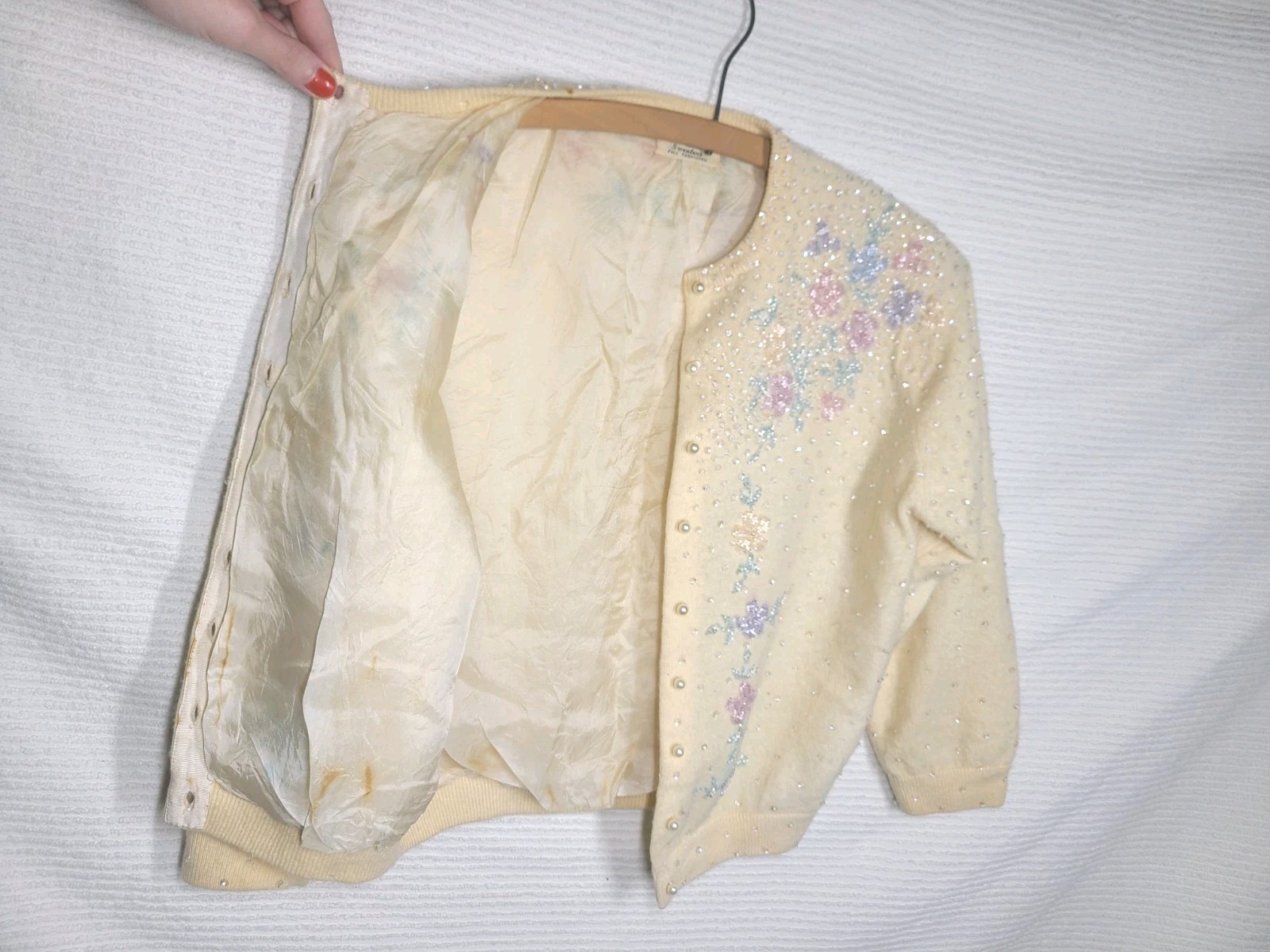 1950s Beaded Cashmere Cardigan Silk Lined Cut Glass Alfred Wong Small Vintage