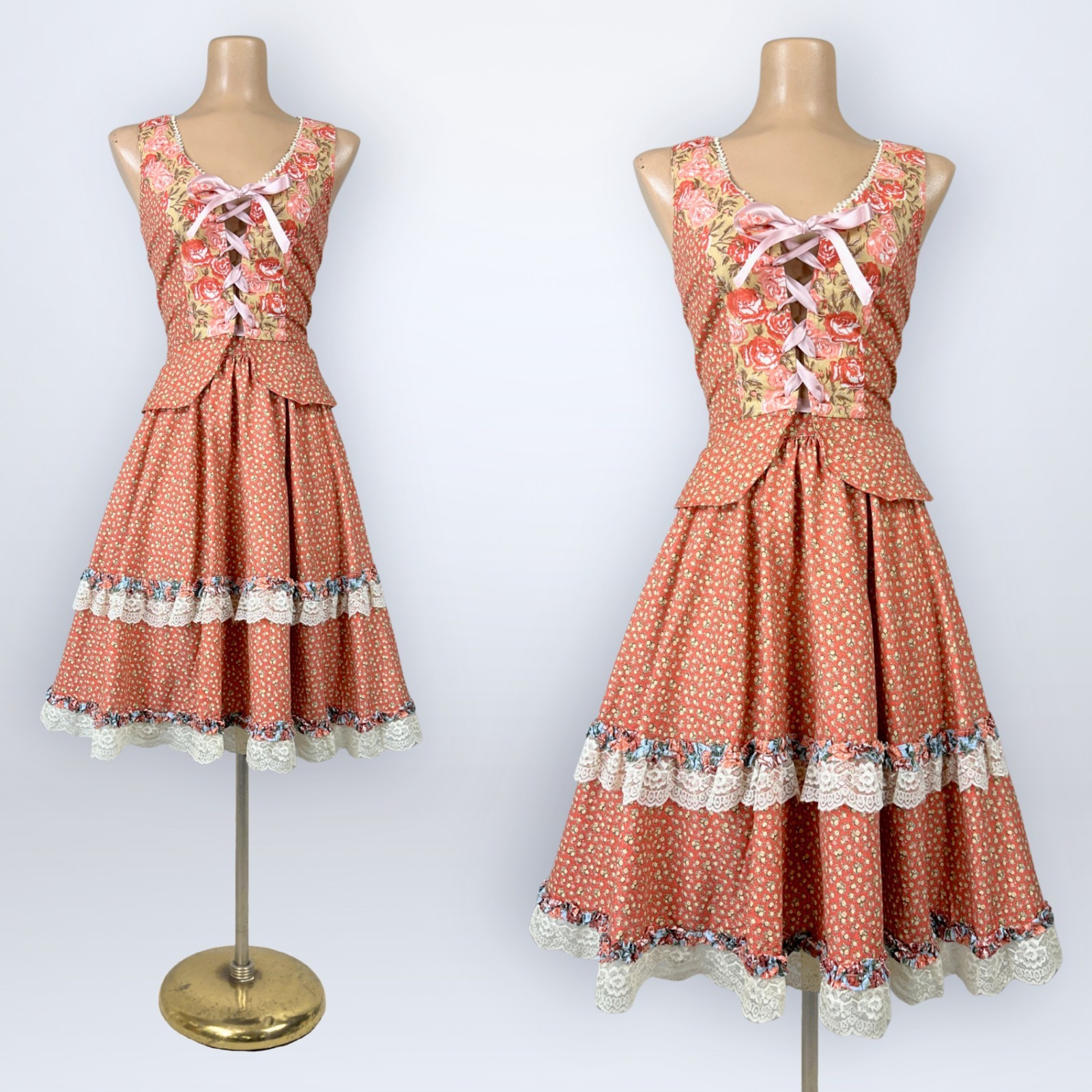 Rare Vintage 1970s Homespun Ltd Two-Piece Corset Top Skirt Set Prairie Calico