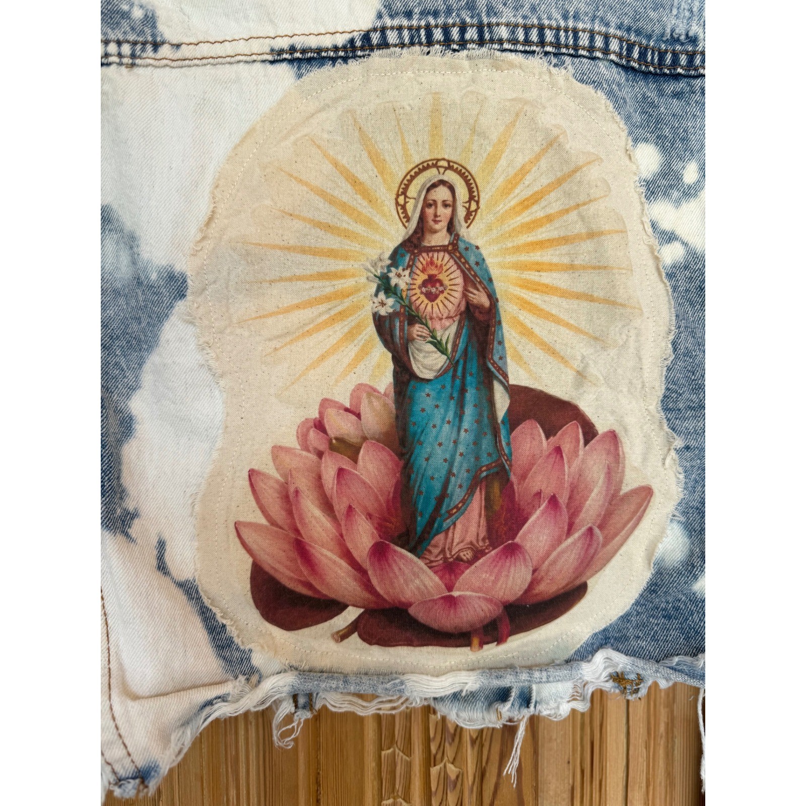 OOAK Distressed Bleached Denim Sacred Heart Lotus Cropped Jacket M