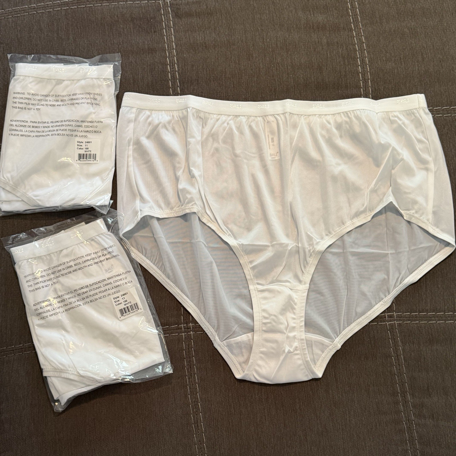 3 Pair Vintage Bali 24601 White Nylon Satin High Cut Brief Panties Size 11 New