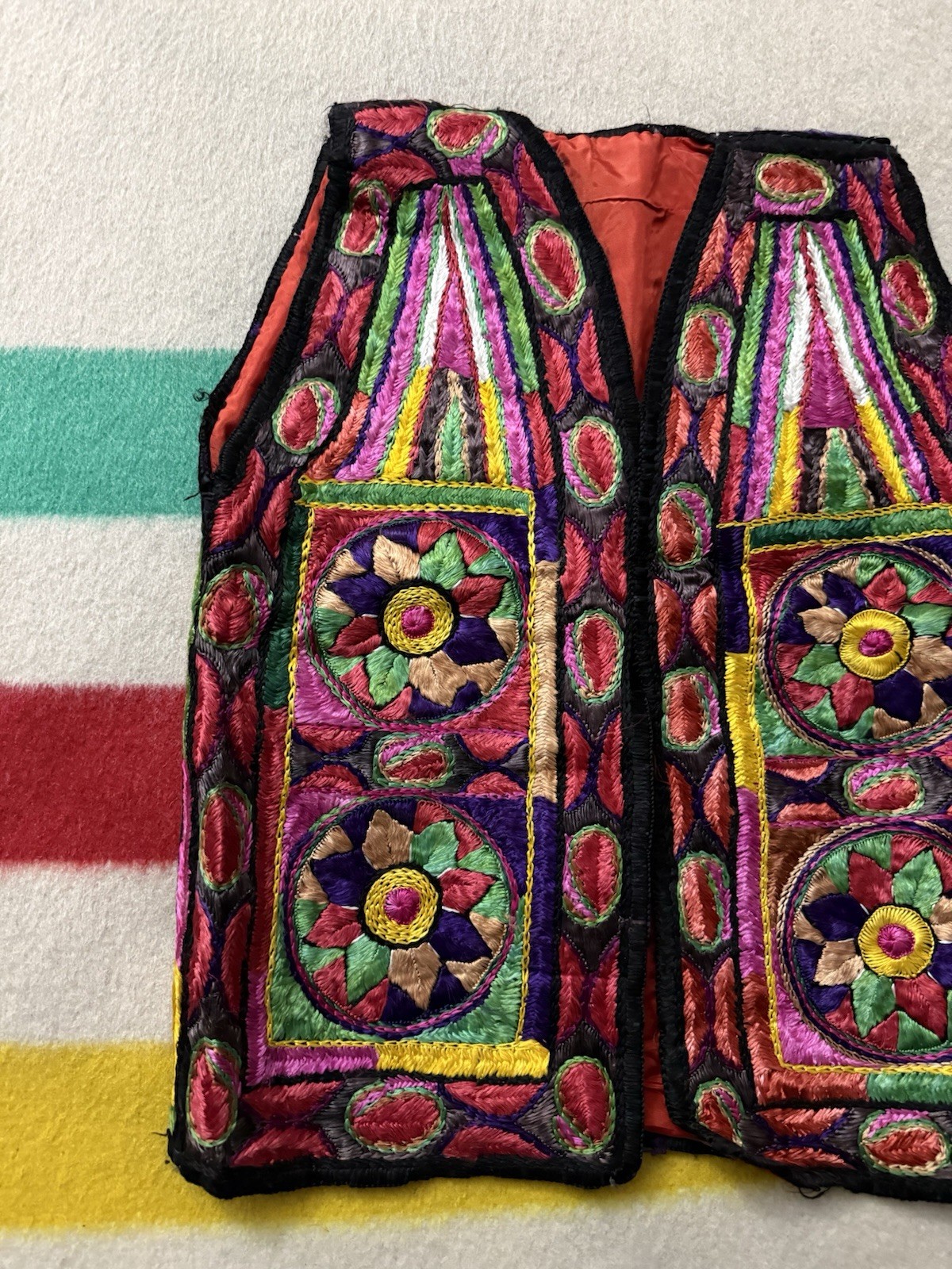 Vintage 50s 60s Afghan Hippie Flower Embroidery Vest Extra Small XS Colorful