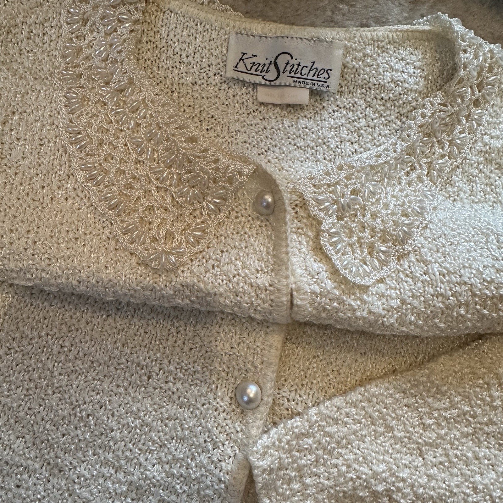 Vtg 80s Beaded Cardigan Sweater Seed Pearl Buttons Peter Pan Flaws See Pic L