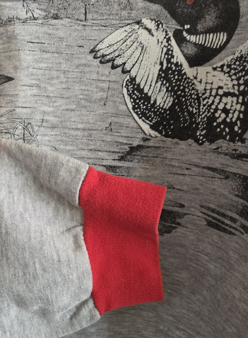 Vintage Loons Sweatshirt Gray Red Cuffs Collar Inlet Bay Made In USA XL Womens