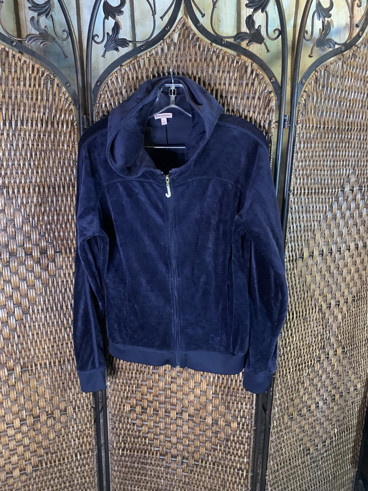 Vintage Juicy Couture Y2K Velour Navy Full Zip Jacket with Rhinestone Zipper