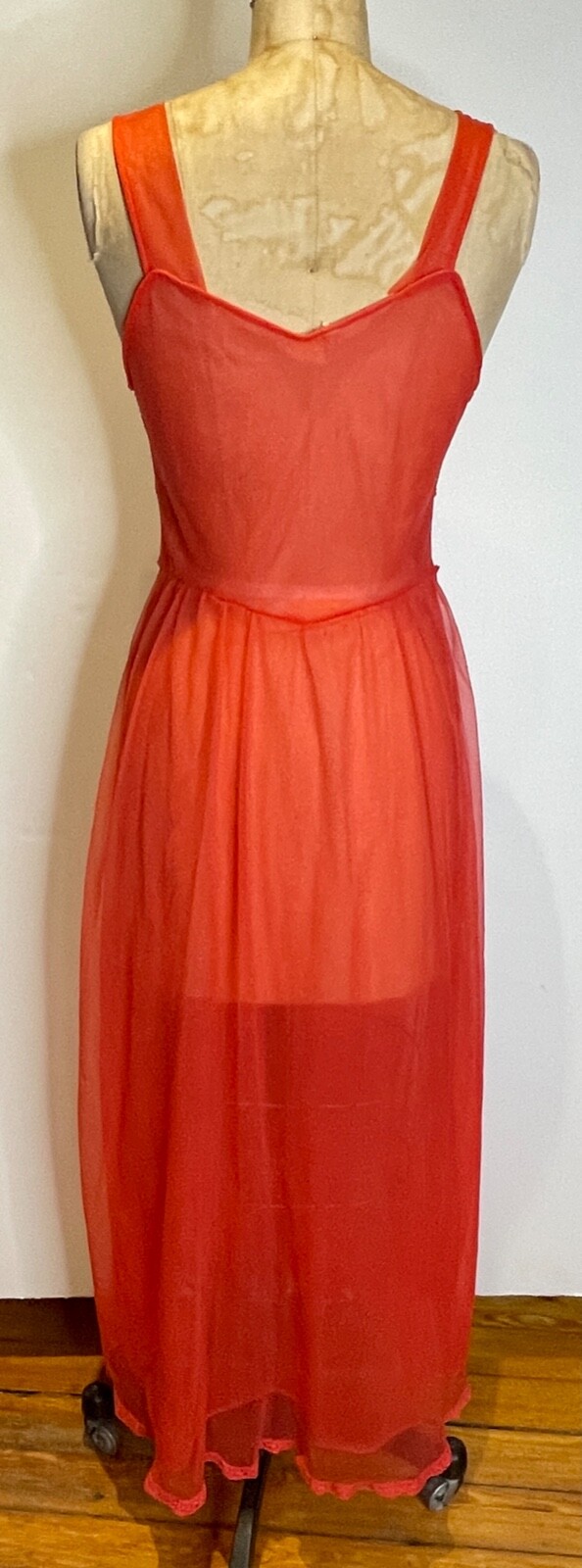 VTG RADCLIFFE RED SHEER CHIFFON&LACE FULL SWEEP PUFF NIGHTGOWN&PEIGNOIR SET*34 S