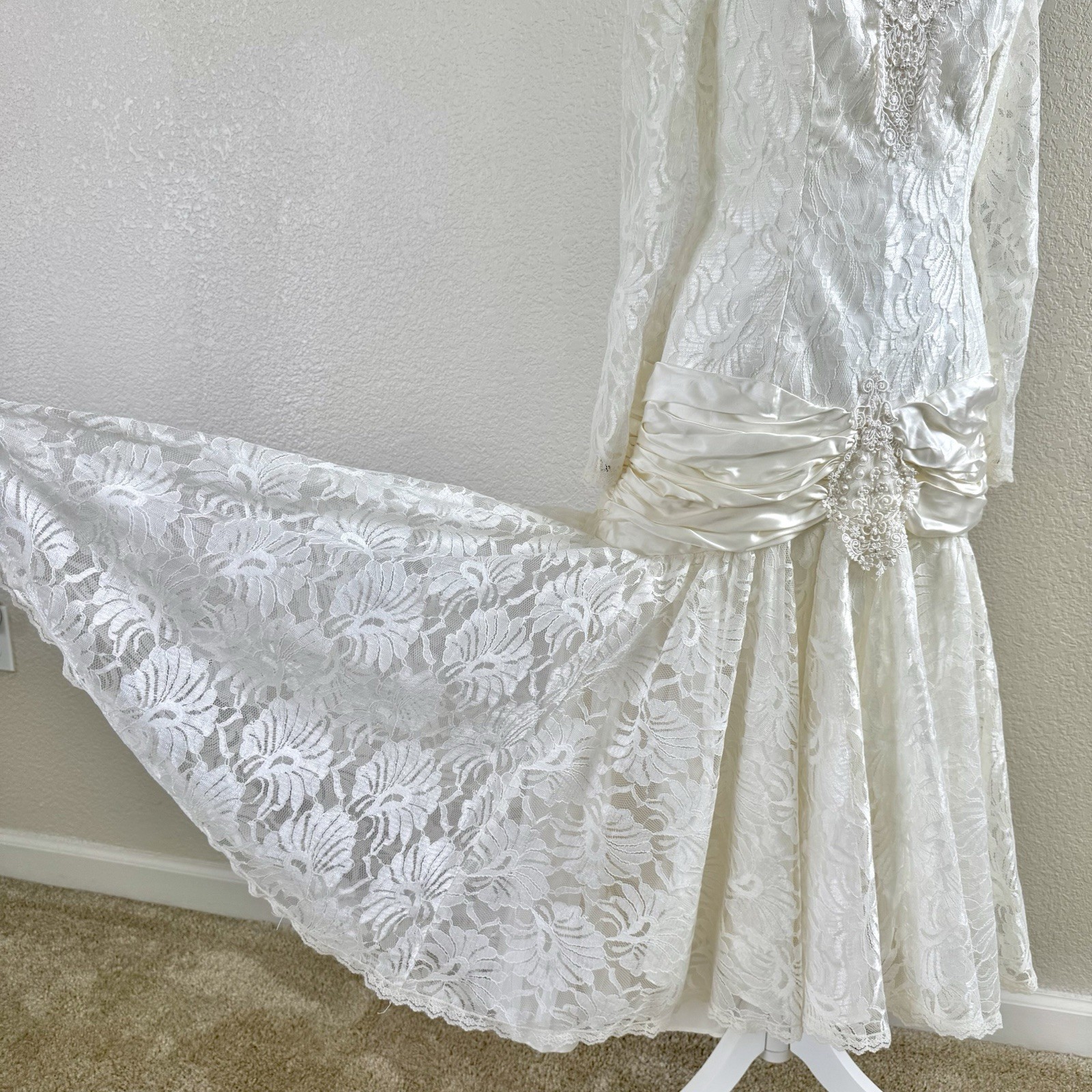 Vintage 80s Bonnell White Lace Chiffon Hi Lo Dress Wedding Prom Party Deco Sz M