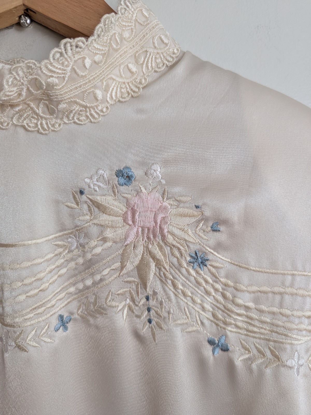 Vintage 1980s Satin Blouse Victorian Cottage Embroidered Lace High Neck Feminine