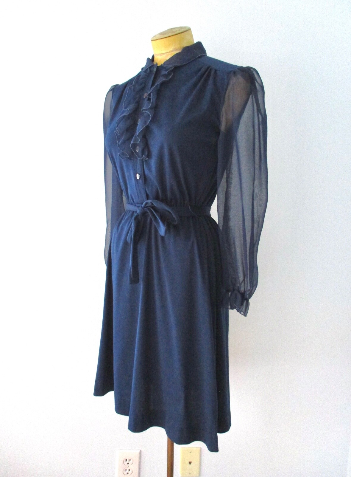 Vtg 70s Blue Poly Chiffon Knit Dress Sheer Puff Sleeves Tuxedo Ruffle PS or S