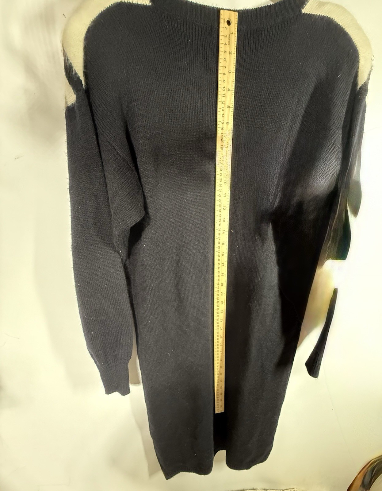 Vintage 80s Yarnworks Geometric Sweater Dress Black Cream Shoulder Pads L Career