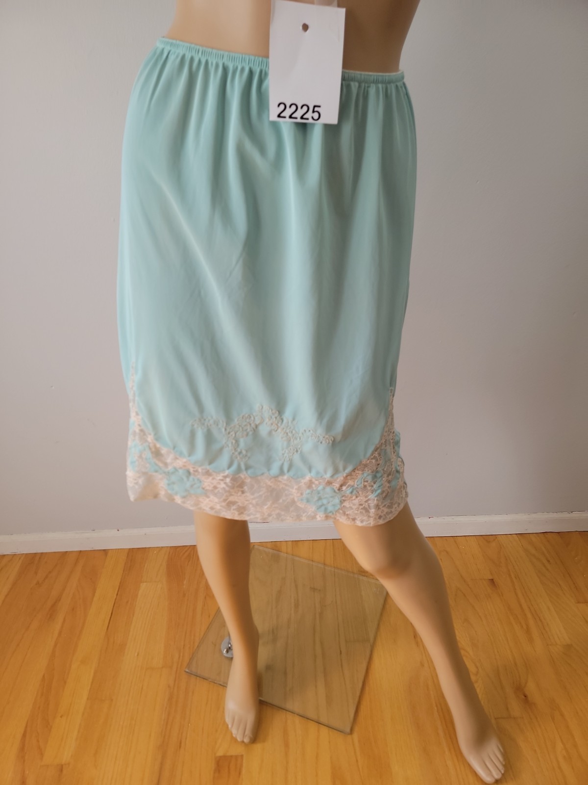 Vintage Movie Star Tricot Nylon Lt Teal Half Slip Ivory Lace Detail Large