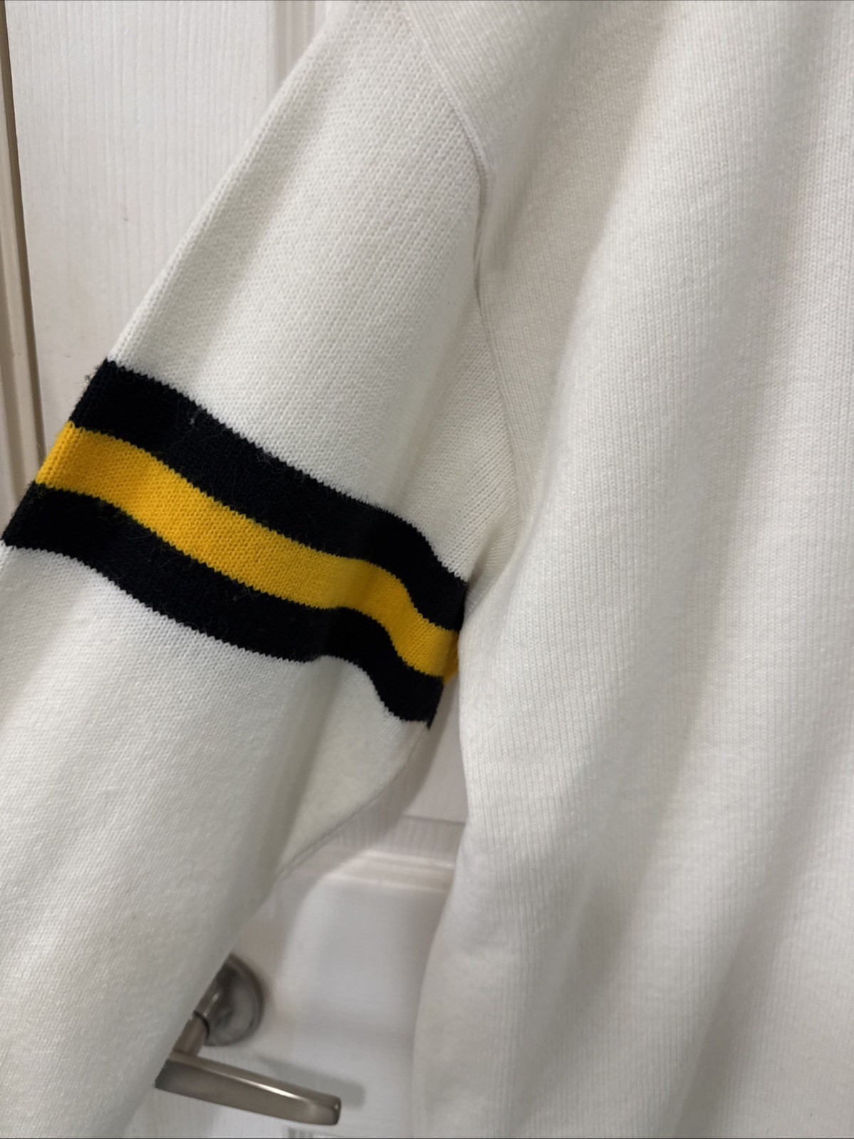 Vintage Varsity Letterman Sweater Black Yellow White Off Stripes Sleeve Large US
