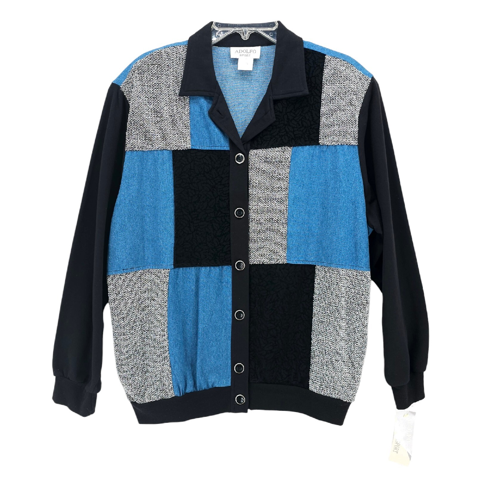NWT VTG Adolfo Sport Button Up Jacket Blouse Banded Hem Denim Colorblock LARGE