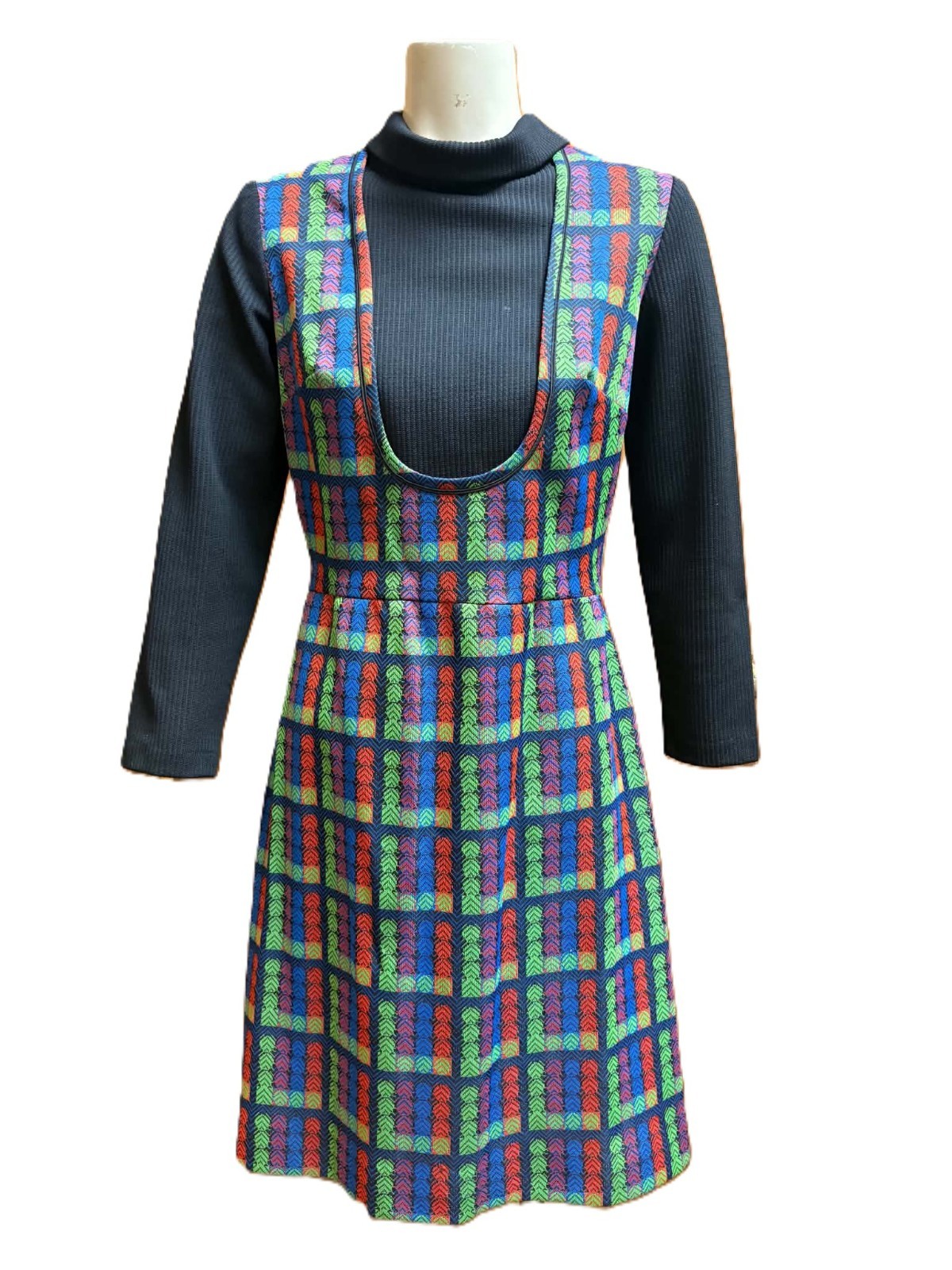 Vintage70s It’s Better Mod Geo Rainbow Print Pinafore Jumper Dress 16