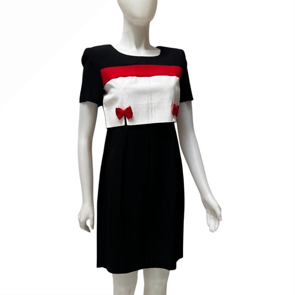 Vintage 90s Colorblock Bow Sheath Dress Retro Mod Office Siren Made in USA SP
