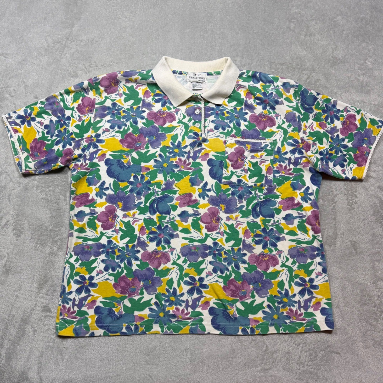 Vintage 90s Multicolor Floral Cotton Blend Polo Top Lace Trim XL Cotagecore