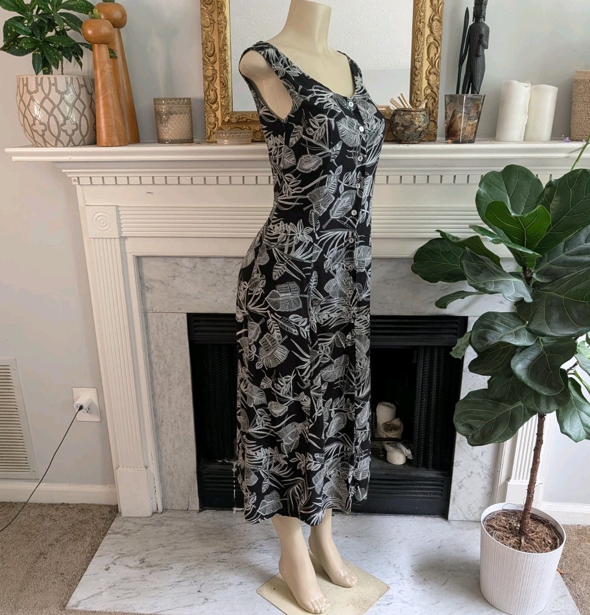 Vintage 90s Black Gray Graphic Shirtdress Size 8 Y2K Retro Tank Leaf Print