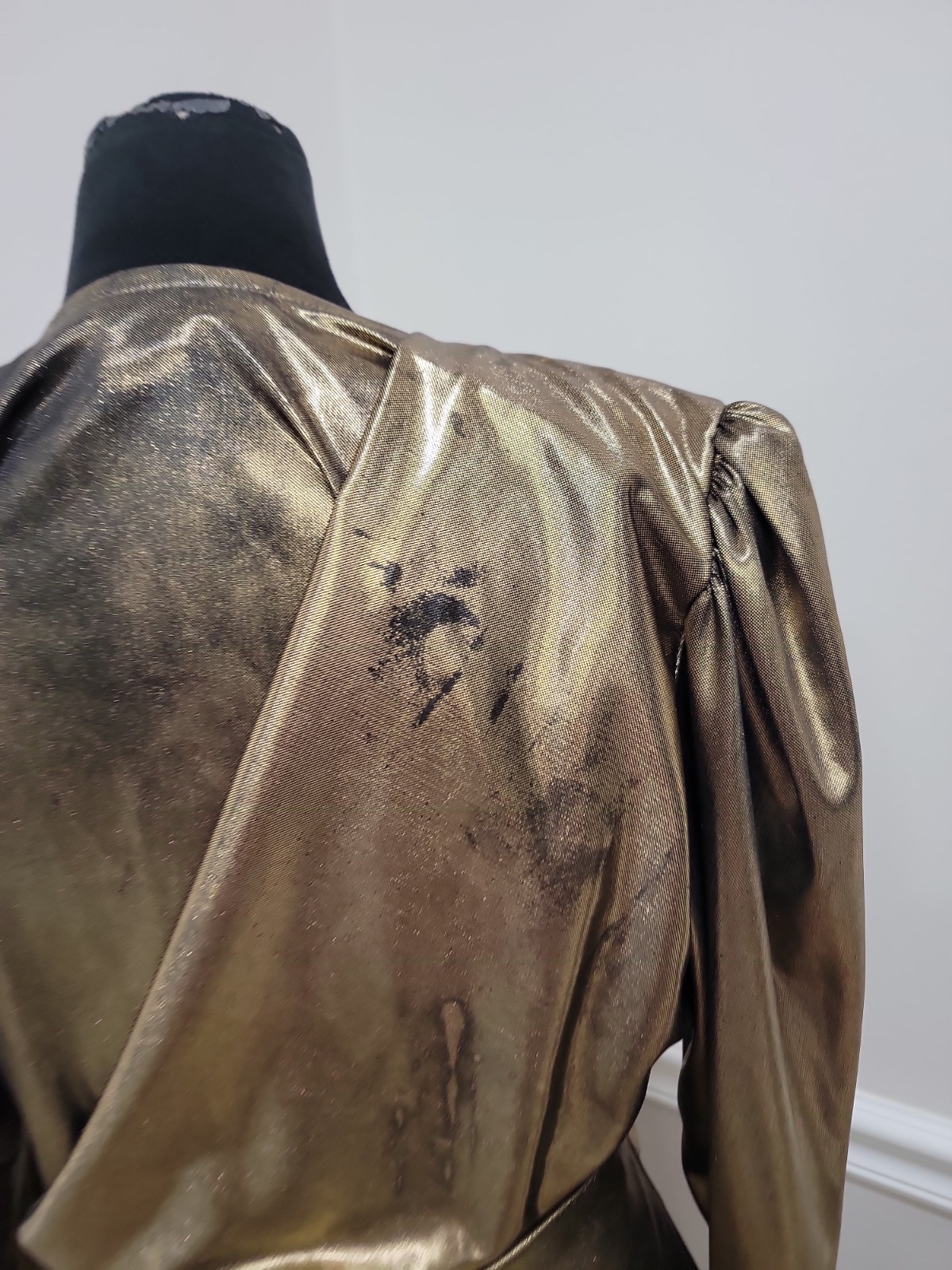 Vintage 80s Filigree Metallic Gold Lamé Ruched Wrap Cocktail Dress Draped Party