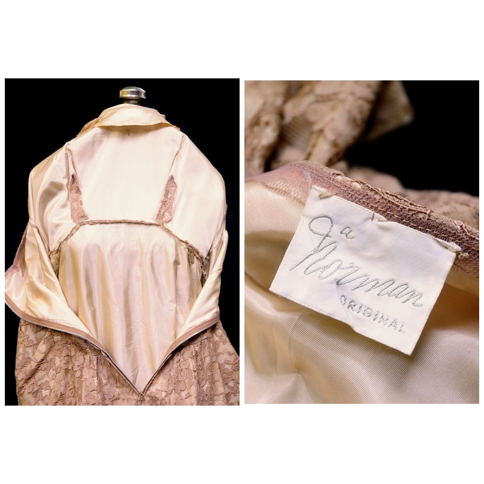 VTG 50s 60s Normal Original Sable Lace & Taffeta Party Prom Dress S/M Beading