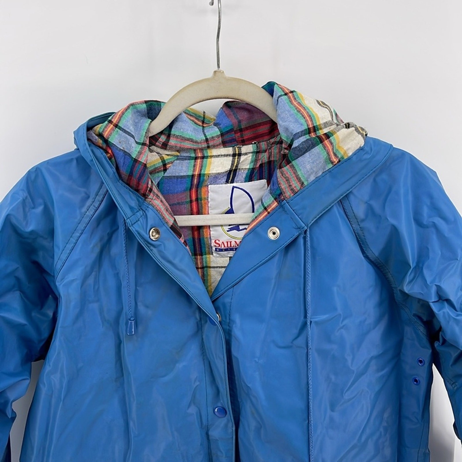 Vintage Sailmaker PVC cotton plaid flannel lined button up hooded raincoat sz S