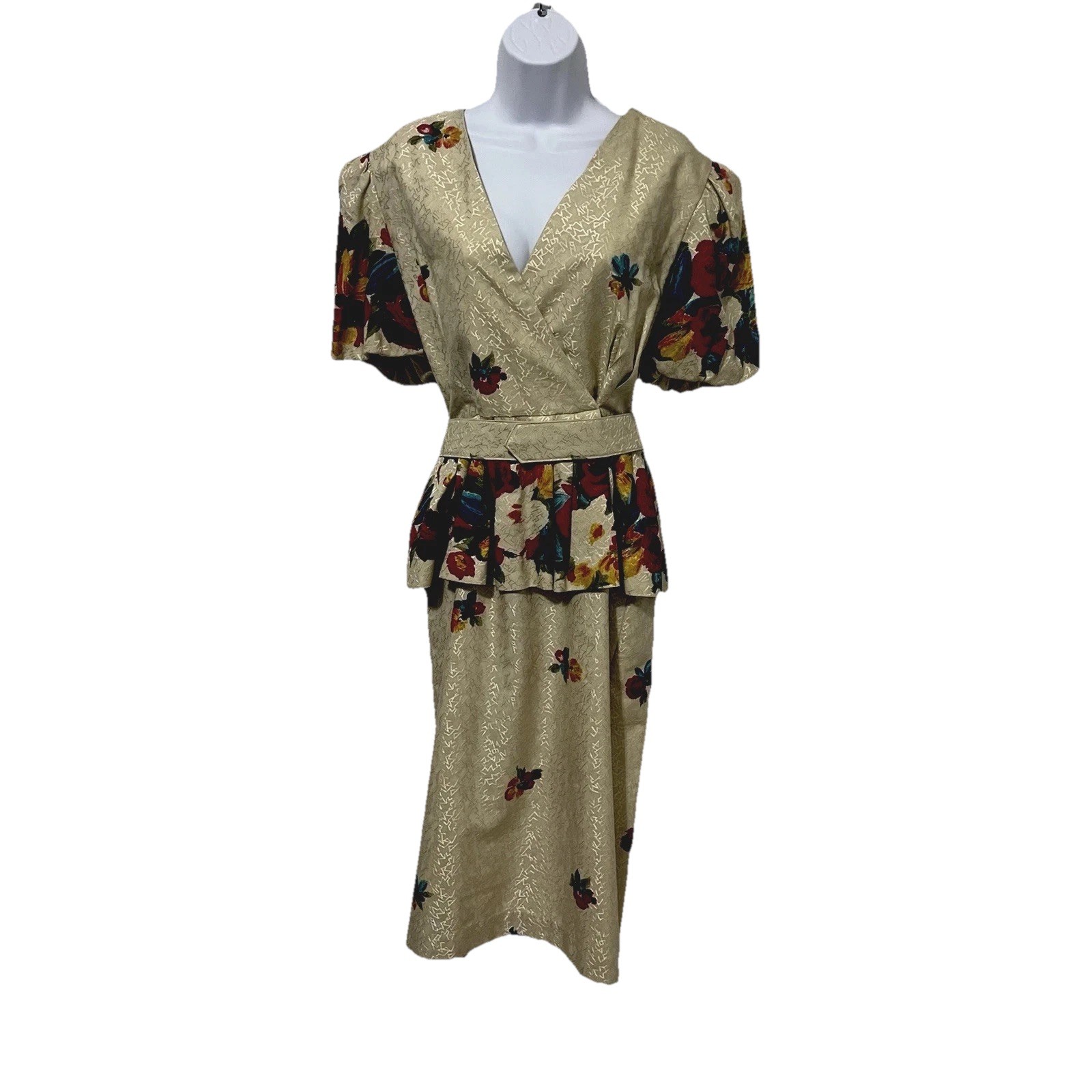 Antara Vintage Made in USA 80s Floral Peplum Dress Beige Multi-Color 9/10
