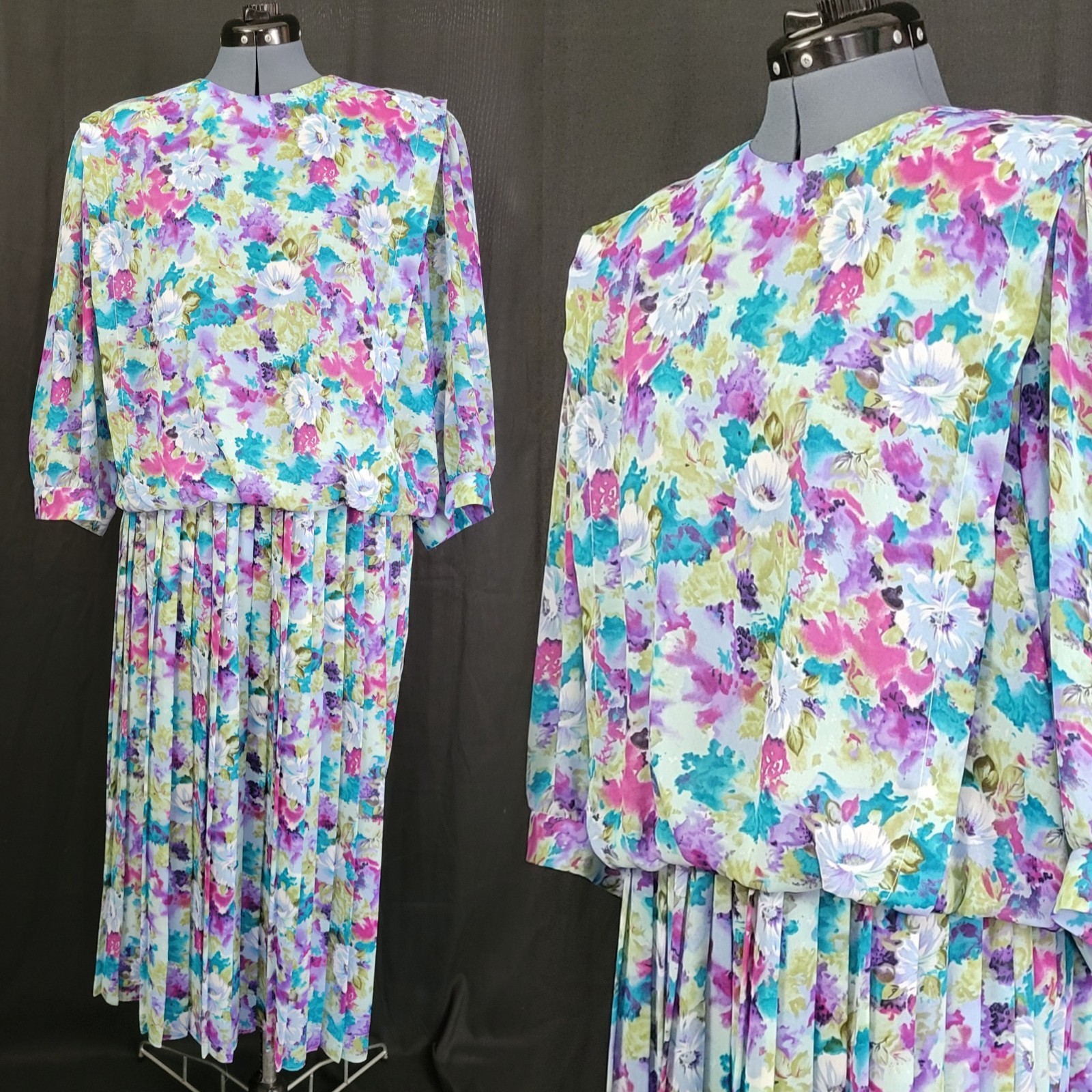 Vintage VLP Plus Blue/Green/Purple Floral Blouson Dress w Pleated Skirt Size 24