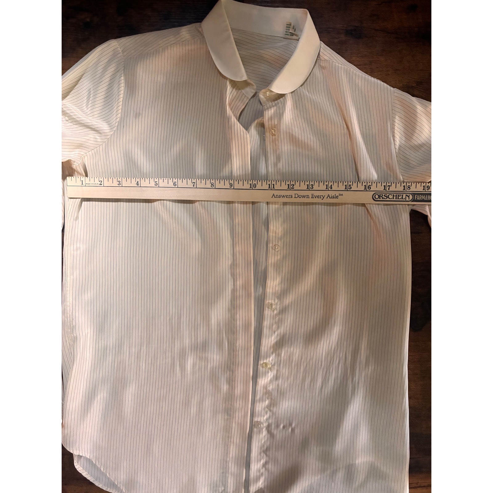 Vintage Button Down Blouse Womens 10 Cream Pinstripe Fair Peter Pan Collar Long