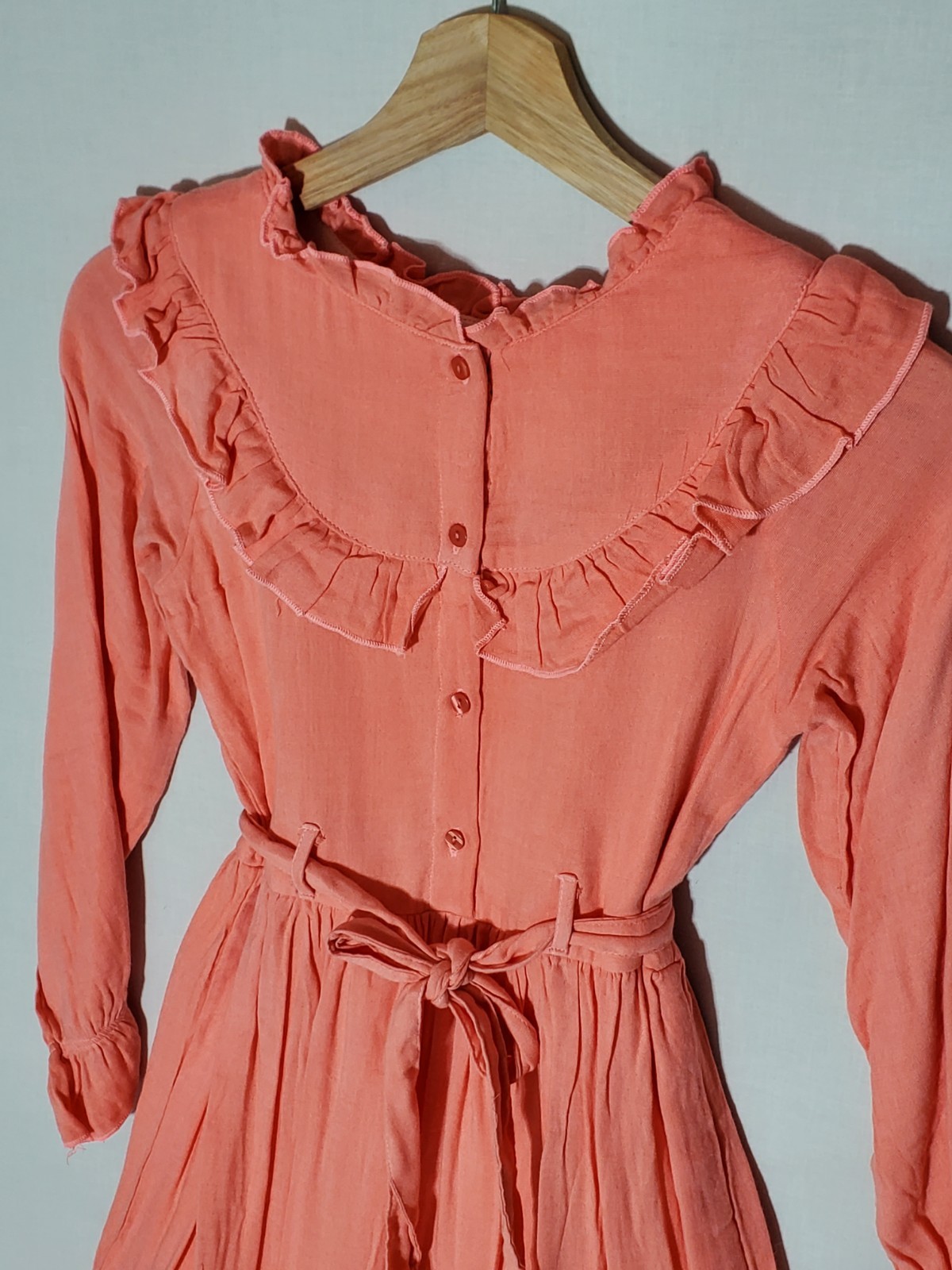 Vintage 70s Prairie Maxi Dress Girls 12 Coral Ruffle Cottagecore Salmon Tie Belt