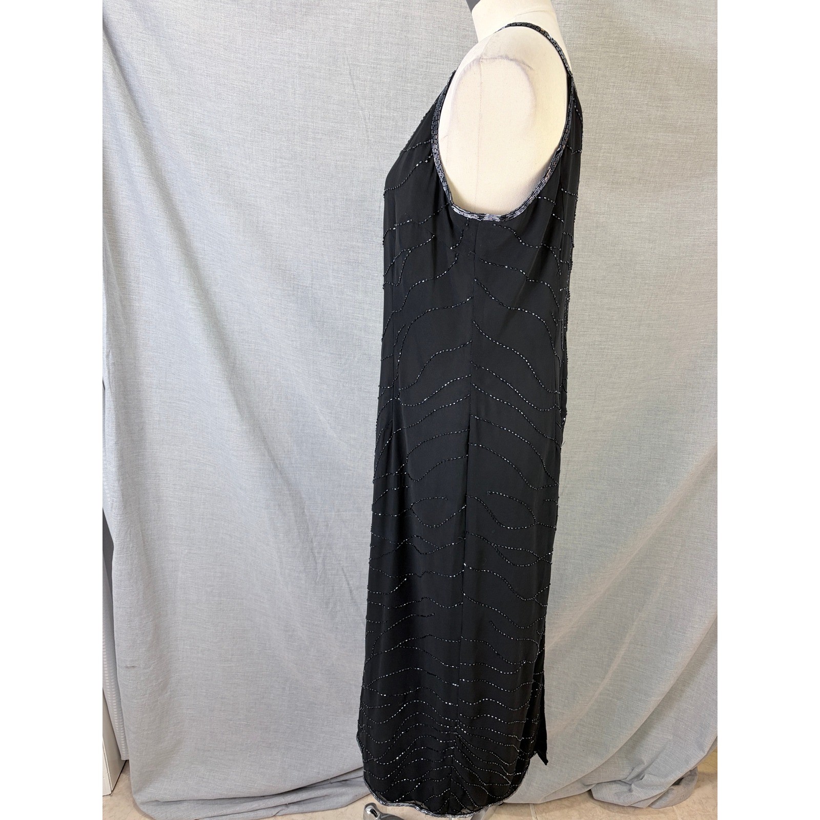 Onyx Nite Black Iridescent Beaded Slip Gown Formal Maxi Dress Vintage 12