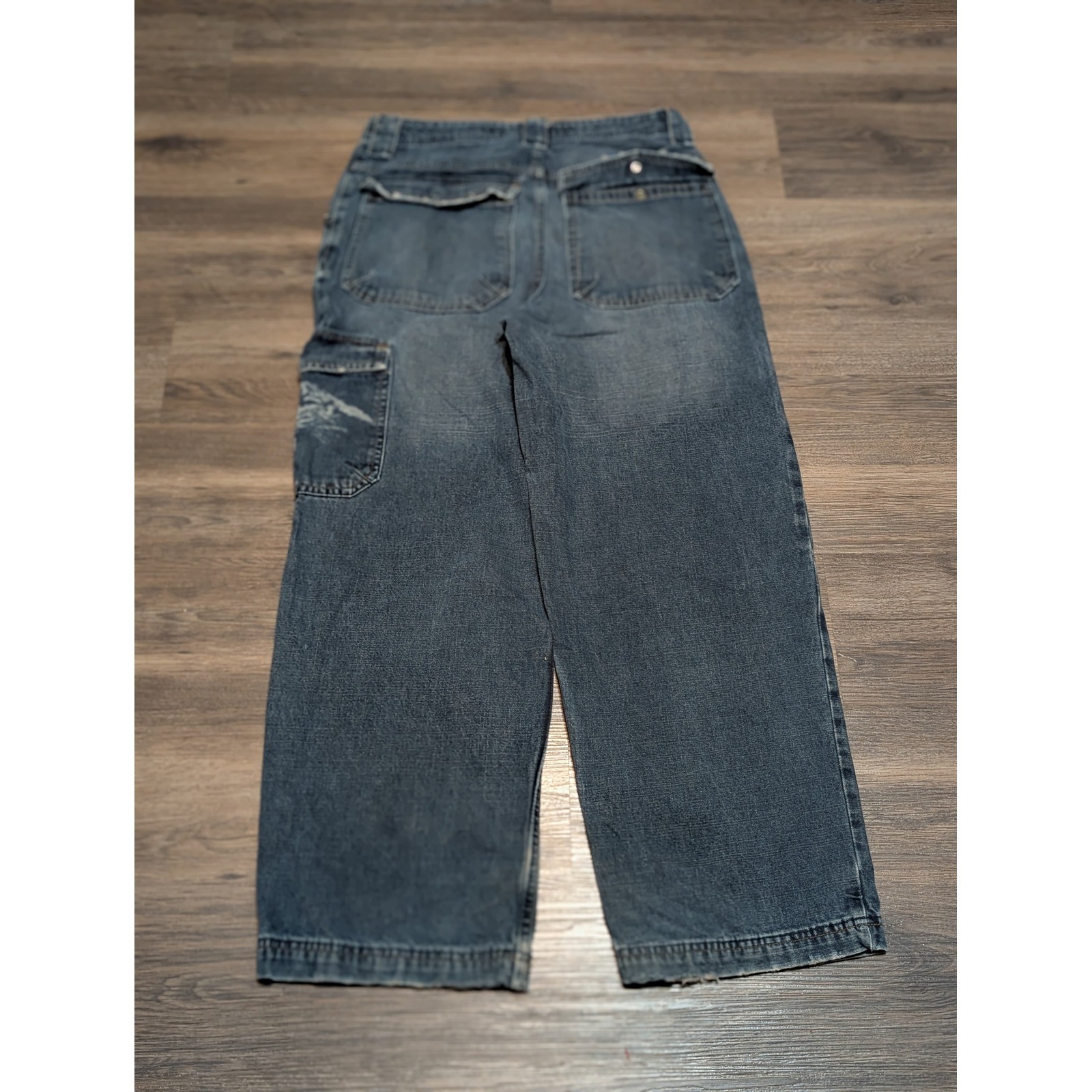 JNCO 90s Wide Leg Cargo Blue Denim Tiger Pocket Skater Pants Size 18 (30×28)