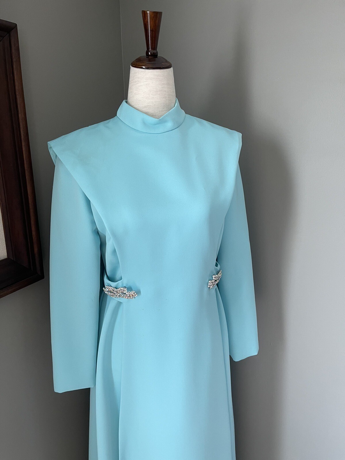 Vintage 1950s -60s Formal Gown Dress Teal Blue Embellished Crystals Horror Movie