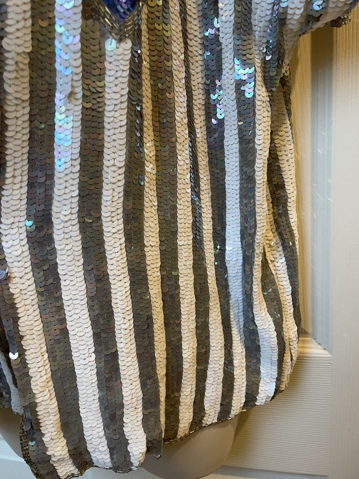 Vintage Sequin Jacket Shrug Silver White Blue Striped And Diamonds Deco Style