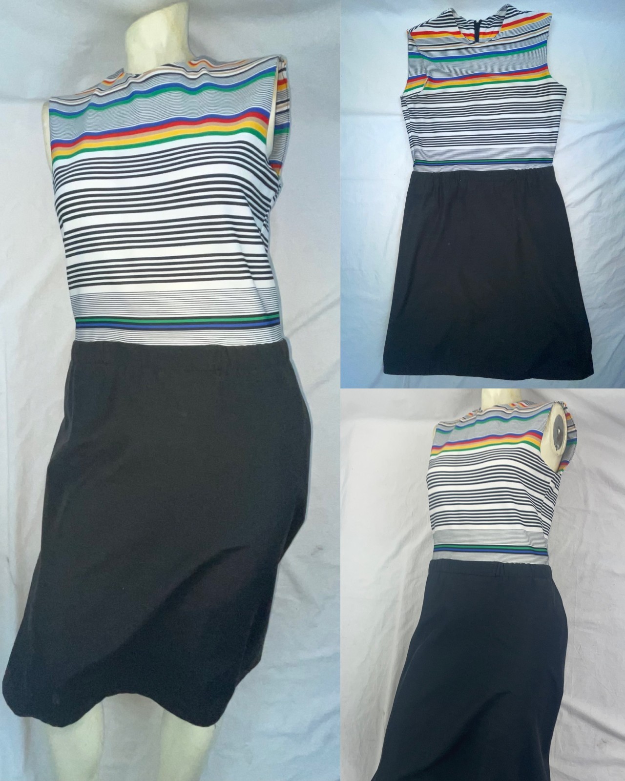VTG 80S WOMENS S RETRO NEW WAVE SLEEVELESS STRIPED BLACK DRESS