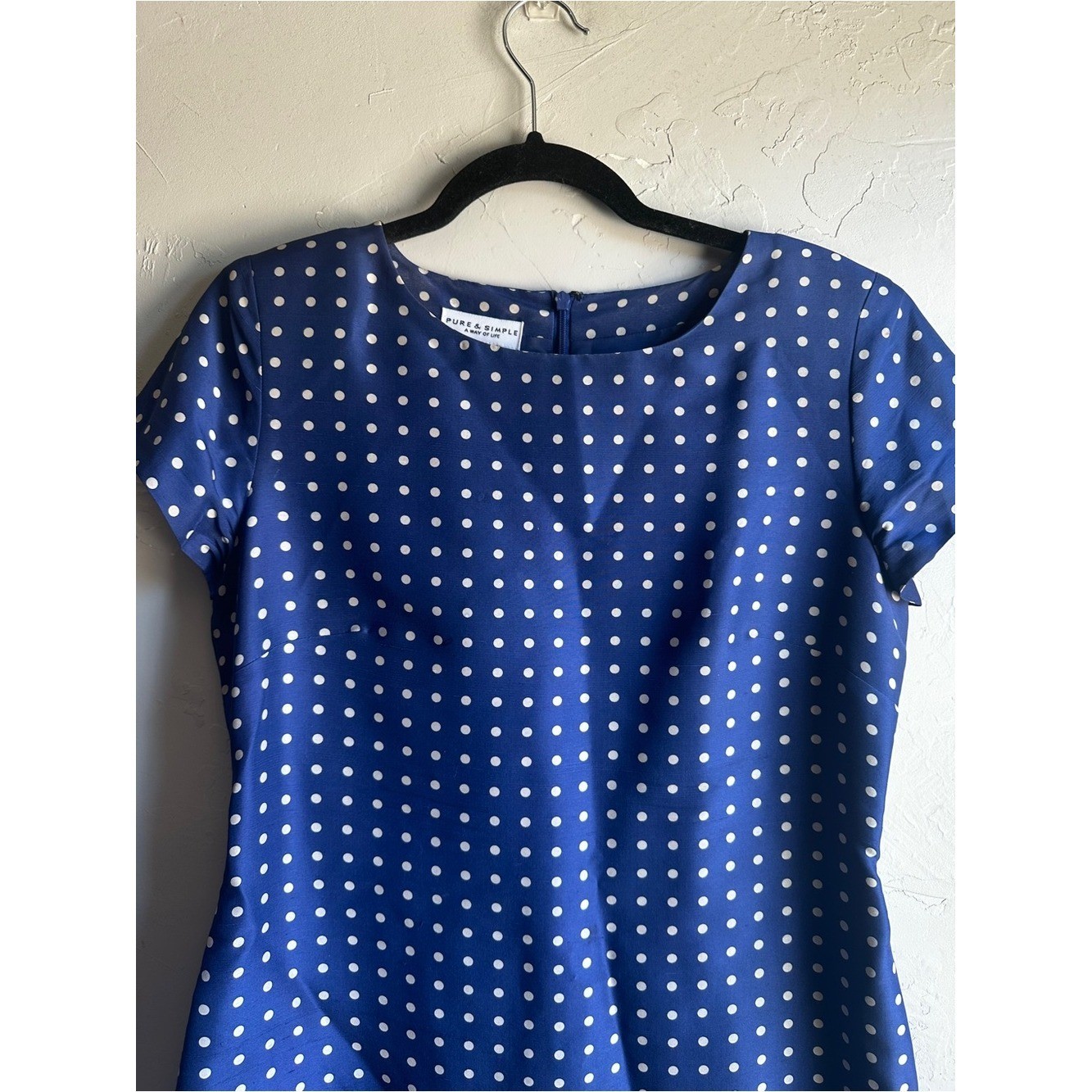 Pure & Simple 100% Silk Blue Polka Dot Dress Retro Parisian Chic Ruffle Hem Sz 8
