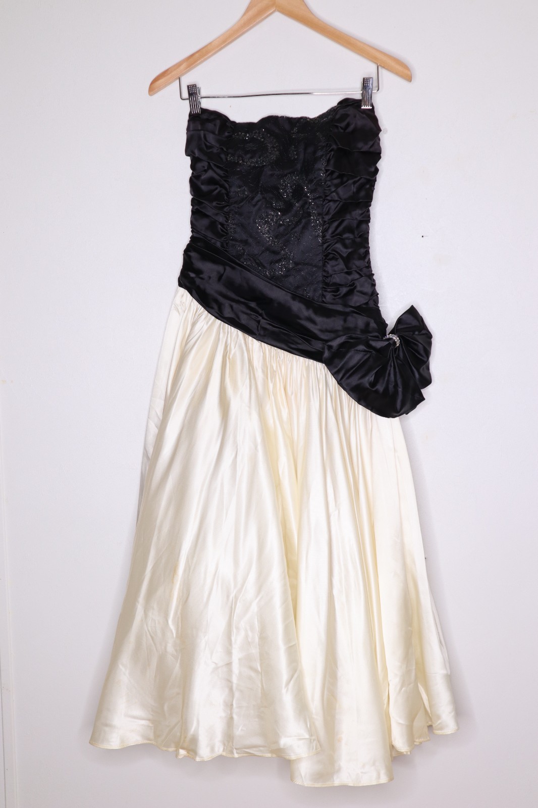 Zum Zum Prom Dress Strapless Black White Bow Lace Tulle VTG 80s 90s Small Satin