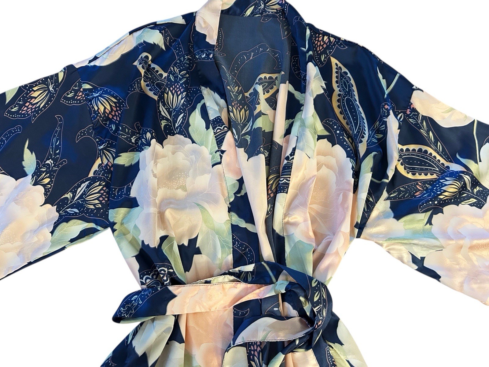 Vintage Satin Shiny Bell Angel Sleeve Kimono Robe Peach/Blush & Blue Floral