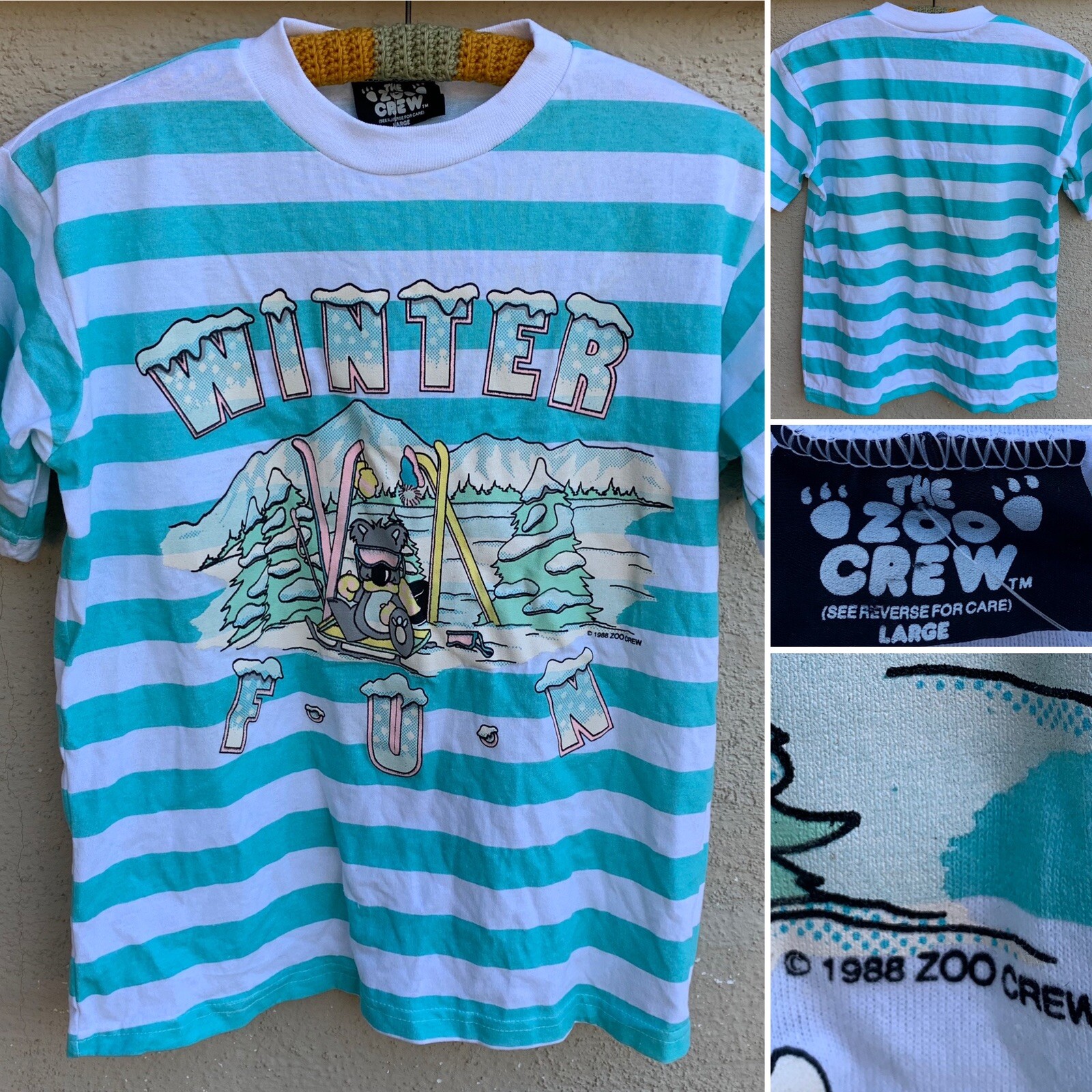 Vintage Winter Fun T-Shirt Striped c 1988 Zoo Crew (koala, skiing) L 1980s 80s