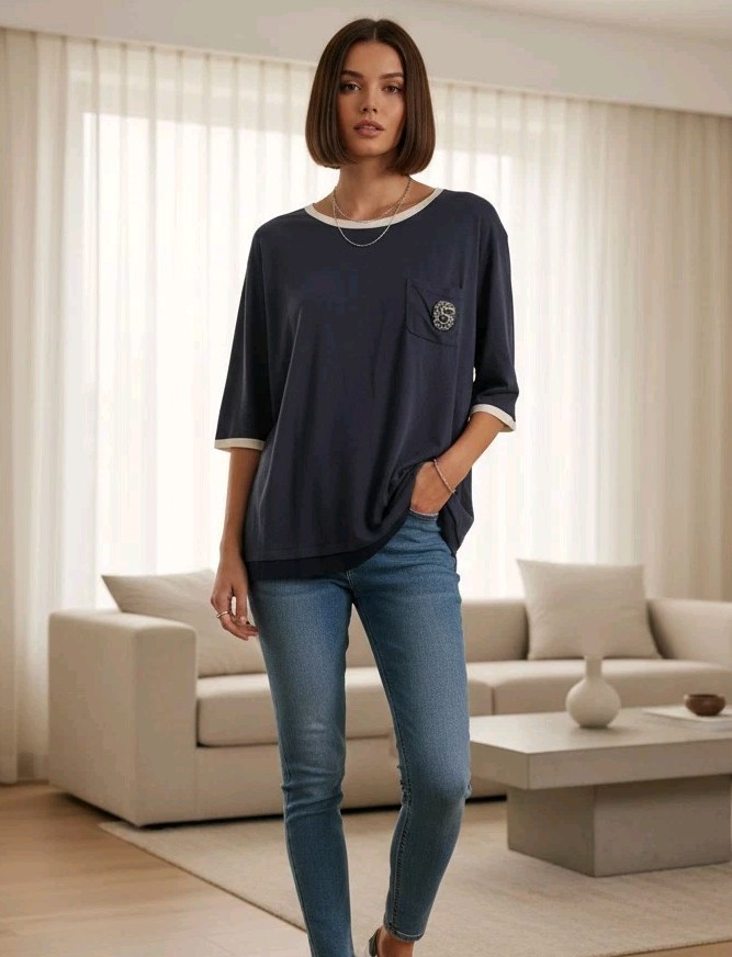 Chanel No 5 Embellished Logo Navy Silk Viscose Blouse Top T-Shirt Oversized 2XL