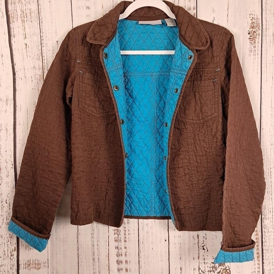 Vtg 90s OLEG CASSINI Weekend S Quilted Jacket Brown Turquoise Snap Front Cropped