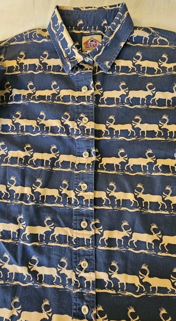 Vtg Barn Fly Casual Button Up Shirt Womens Size L Navy Elk All Over Pattern