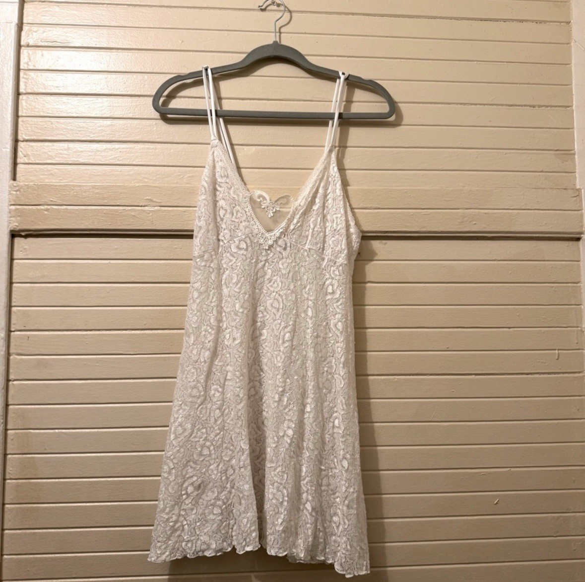 Vintage White Lace Sheer Mini Slip Dress Sz S Heart Feminine Seductive 90’s