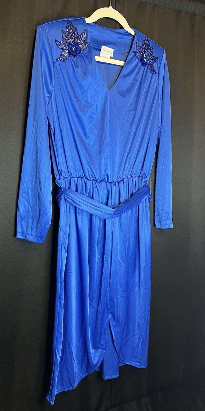 VTG Impromptu Belted Satin Chic Blue Dress Embellished Bejeweled Floral Accents